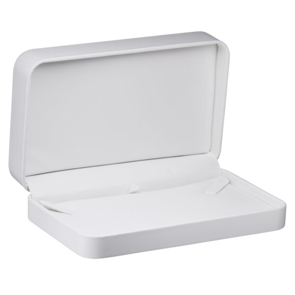 Soft leatherette necklace box with custom logo, foam insert, and premium finish for jewelry brands