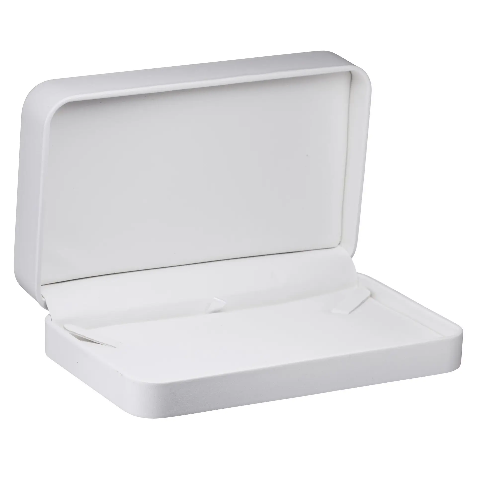 Soft leatherette necklace box with custom logo, foam insert, and premium finish for jewelry brands