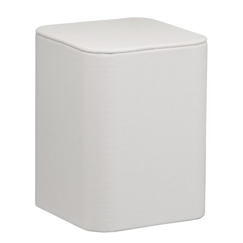 Custom leatherette tall square pedestal jewelry display stand with branded logo, premium finish, and custom insert for retail showcase