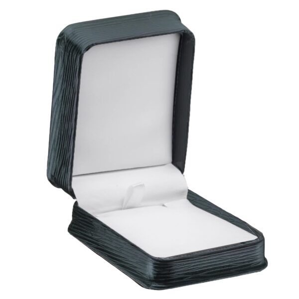 Textured leatherette pendant box with custom logo printing and interior foam insert for jewelry retail packaging