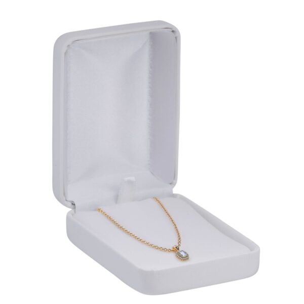 Leatherette Rounded Pendant Box – Custom Branded Jewelry Packaging Leatherette rounded pendant box with embossed logo and cushioned interior insert for luxury jewelry packaging