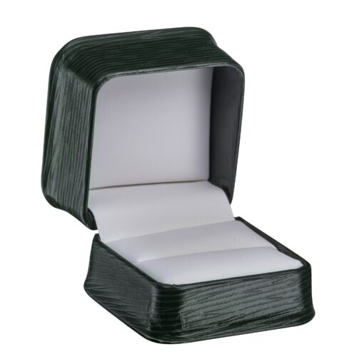Premium textured leatherette ring box with custom gold-foil branding and satin cushion interior for jewelry packaging
