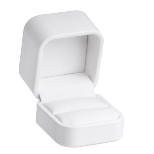 Custom soft leatherette ring box with classic design, customizable logo branding, magnetic closure, and luxury interior insert