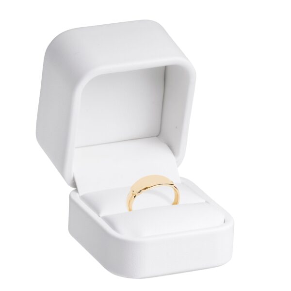 Custom soft leatherette ring box with classic design, customizable logo branding, magnetic closure, and luxury interior insert