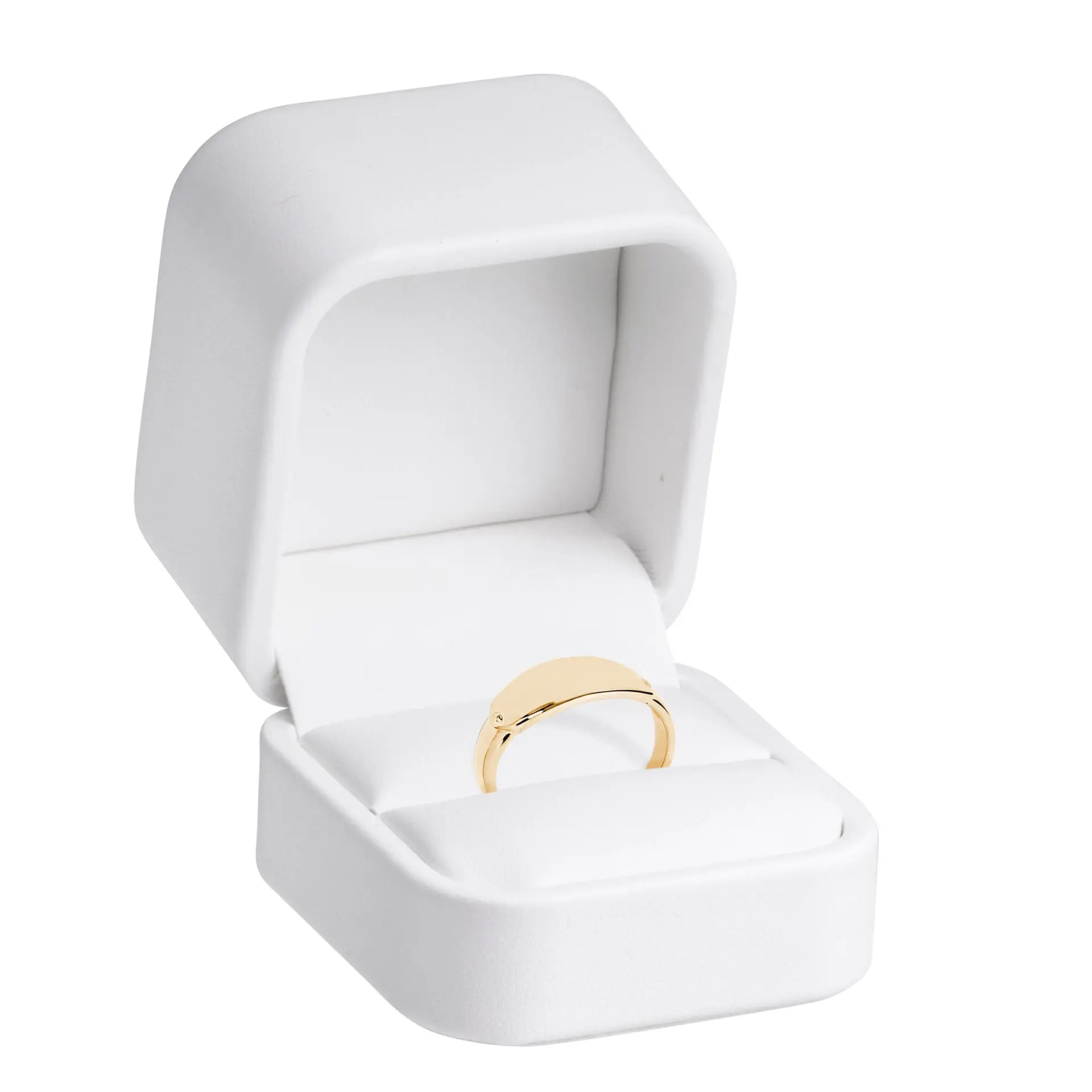 Custom soft leatherette ring box with classic design, customizable logo branding, magnetic closure, and luxury interior insert
