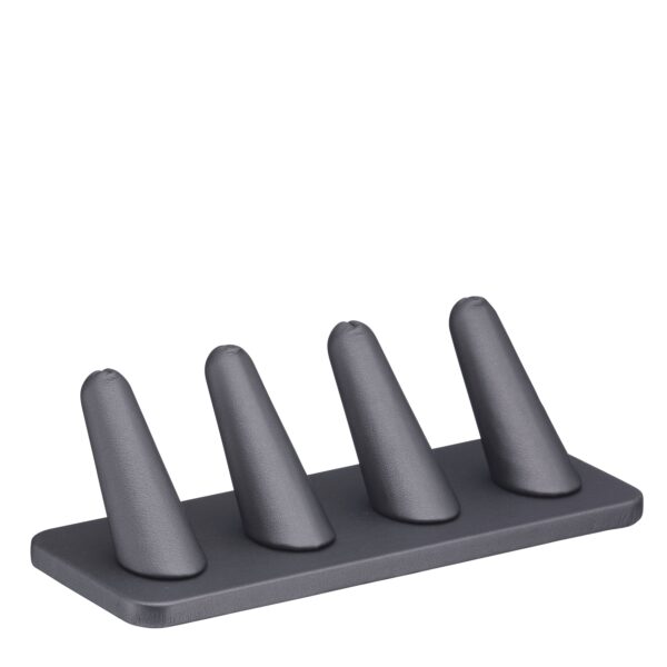Custom Leatherette 4-Ring Display Stand – Jewelry Packaging & Retail Display Leatherette 4-ring finger display stand with padded holders for jewelry retail and gift packaging