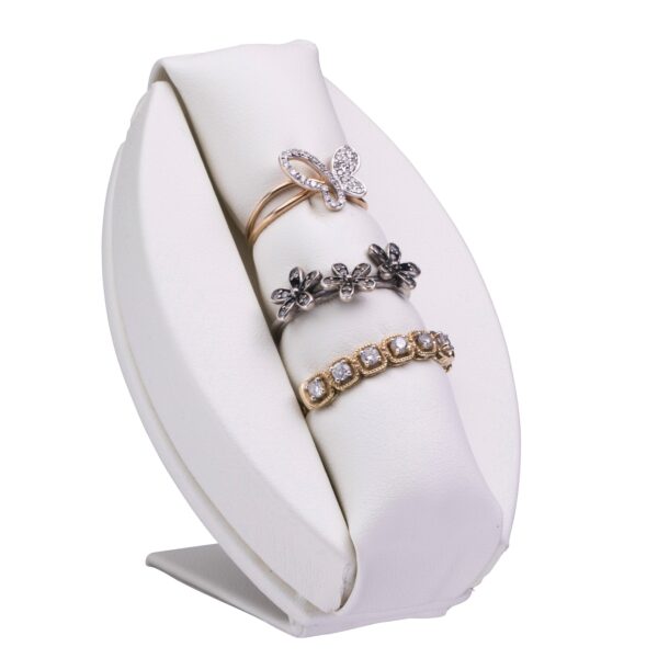 Leatherette multi-ring display stand with cushioned roll inserts for jewelry retail packaging