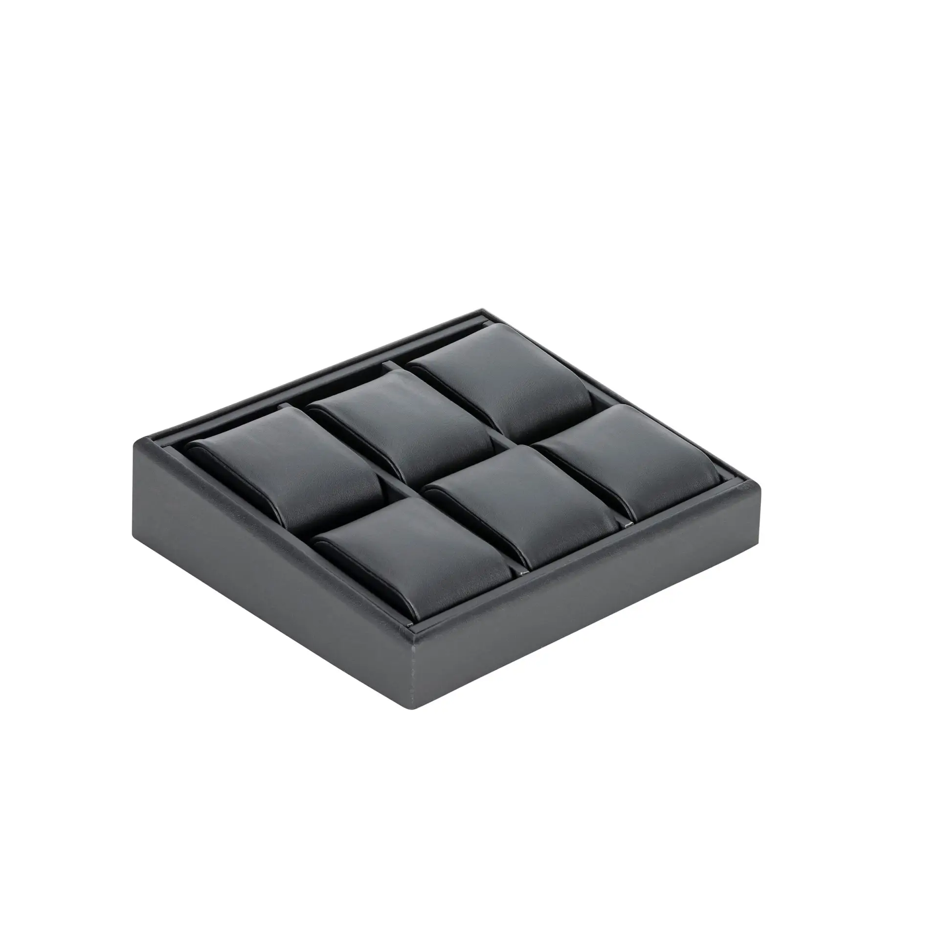 Custom leatherette pillow-style watch display tray with 6 compartments, professional presentation for jewelry retail and e-commerce