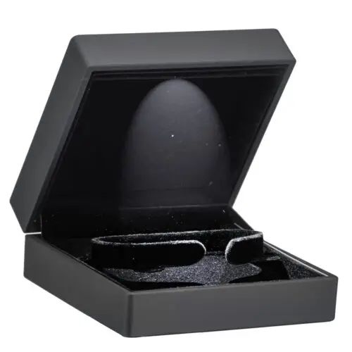 Black LED bracelet display box with custom logo branding and removable insert for premium jewelry retail packaging