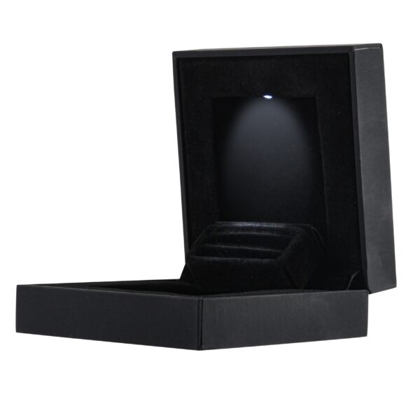 Black LED slim engagement ring box with custom branding and illuminated display—premium jewelry packaging