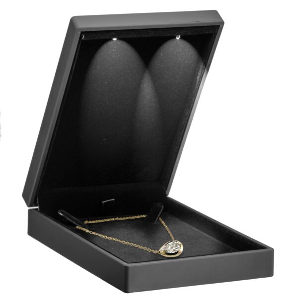 Premium black LED-lit necklace display box with custom logo branding and foam insert