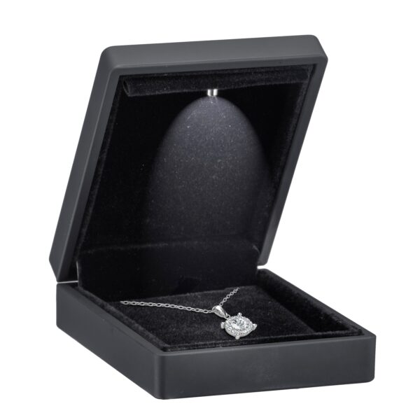 Black LED pendant box with integrated lighting, custom foam insert, and branded exterior – premium jewelry packaging