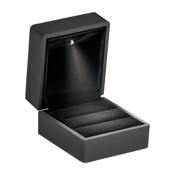 Black LED dual ring box with illuminated velvet interior, magnetic closure, and custom branding