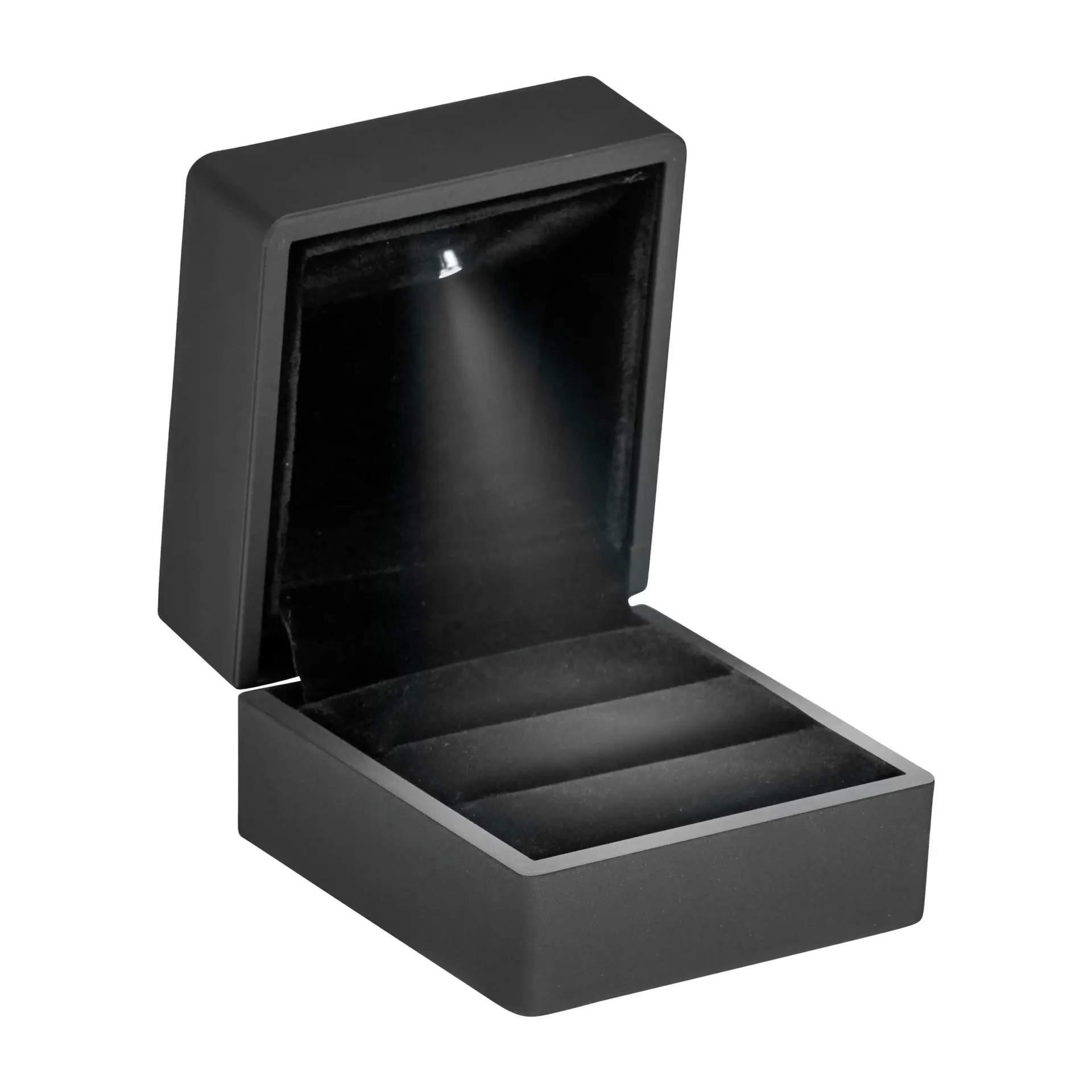 Black LED dual ring box with illuminated velvet interior, magnetic closure, and custom branding
