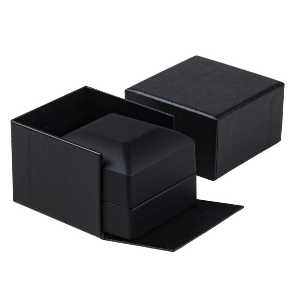 Black LED dual ring box with illuminated velvet interior, magnetic closure, and custom branding