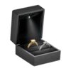Black LED dual ring box with illuminated velvet interior, magnetic closure, and custom branding