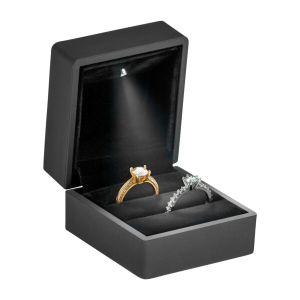 Black LED dual ring box with illuminated velvet interior, magnetic closure, and custom branding