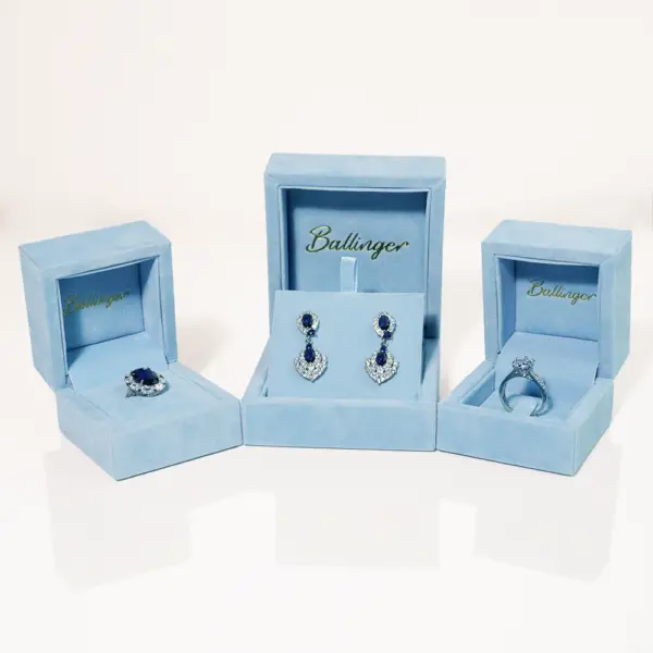 Custom Light Blue Velvet Jewelry Box – Rings & Earrings Packaging Light blue velvet jewelry box with padded interior for rings and earrings