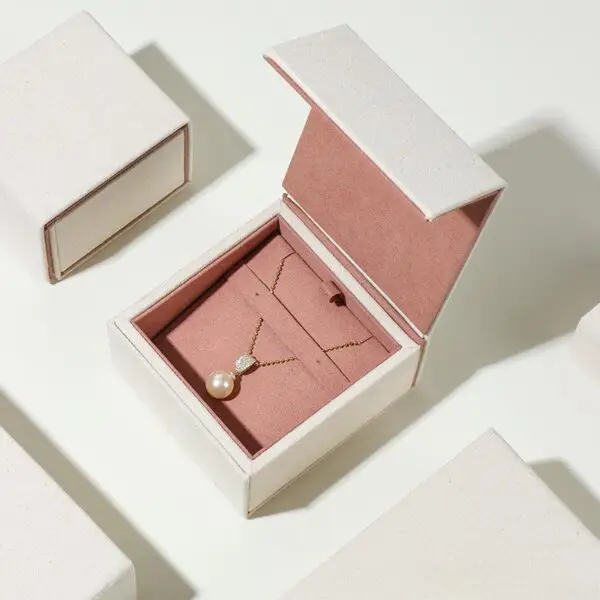 Custom luxury beige linen cotton rigid jewelry boxes with gold foil logo branding — OEM wholesale by On The Way Packaging