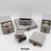 Custom linen fabric sliding drawer earring box with velvet insert and gold hot-foil logo branding for jewelry brands
