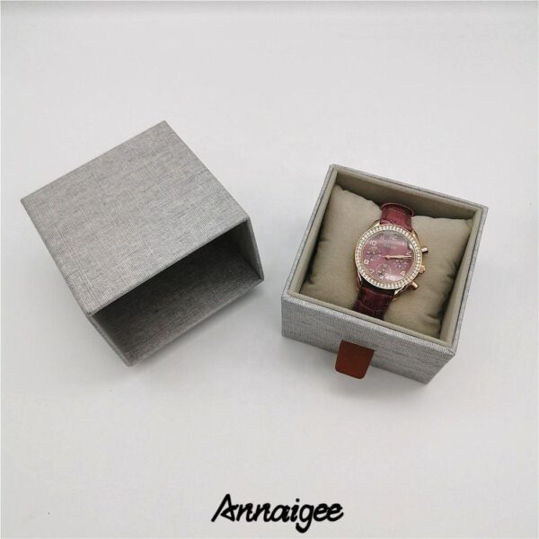 Custom linen fabric sliding drawer earring box with velvet insert and gold hot-foil logo branding for jewelry brands