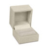 Custom linen weave ring box with hinged closure and removable insert tray for jewelry packaging