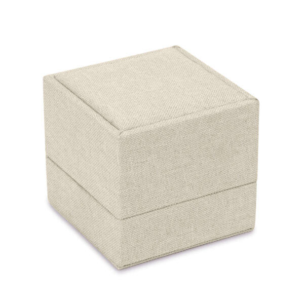 Custom linen weave ring box with hinged closure and removable insert tray for jewelry packaging