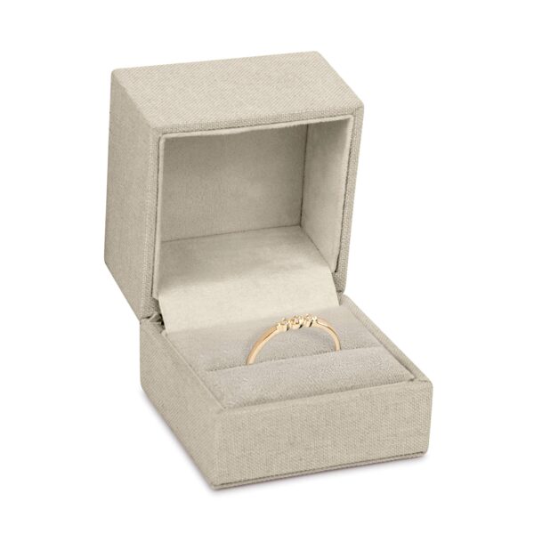 Custom linen weave ring box with hinged closure and removable insert tray for jewelry packaging