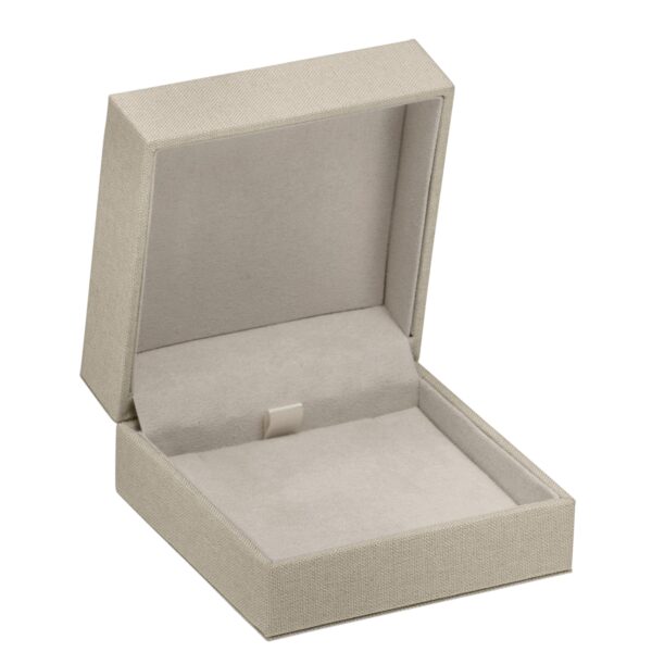 Large linen weave pendant box with custom logo embossing and premium interior – luxury jewelry packaging