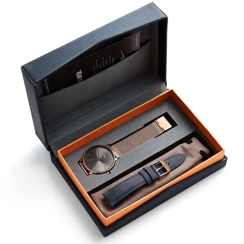 Custom watch box with logo, rigid paper construction, luxury velvet tray insert for wholesale OEM packaging