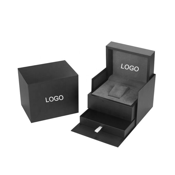 Custom Logo Watch Box | High-End Rigid Paper Packaging Custom watch box with logo, rigid paper construction, luxury velvet tray insert for wholesale OEM packaging