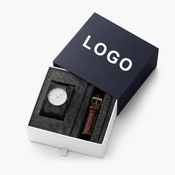 Custom Logo Watch Box | High-End Rigid Paper Packaging Custom watch box with logo, rigid paper construction, luxury velvet tray insert for wholesale OEM packaging