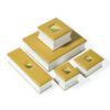 Luxury rigid jewelry box with ornate Middle Eastern-inspired design in deep jewel tones with gold accents, custom branded