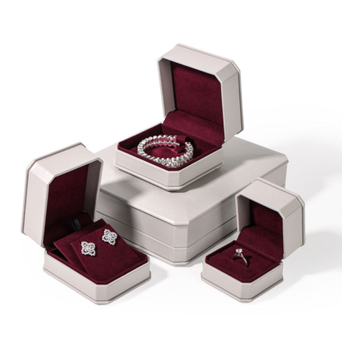 Luxury Custom Leather Jewelry Box Set with Burgundy Suede Interior Off-white luxury leather jewelry box set with burgundy suede interior and custom branding options