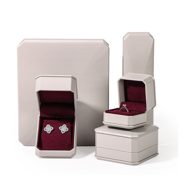 Luxury Custom Leather Jewelry Box Set with Burgundy Suede Interior Off-white luxury leather jewelry box set with burgundy suede interior and custom branding options