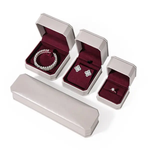 Luxury Custom Leather Jewelry Box Set with Burgundy Suede Interior Off-white luxury leather jewelry box set with burgundy suede interior and custom branding options