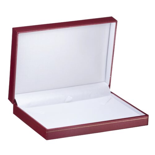 Luxury rigid kraft necklace and pendant box with custom branding and vintage aesthetic interior display