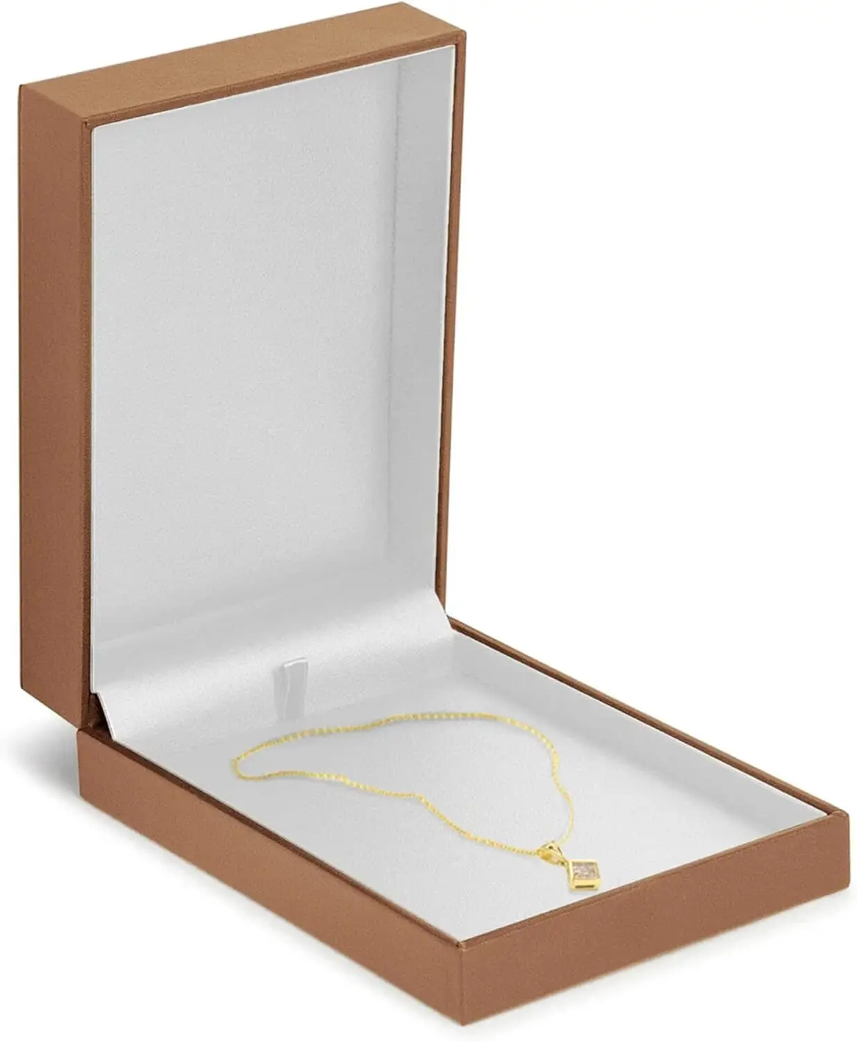 Premium custom leather necklace and pendant box with embossed logo, showing interior velvet lining and elegant closure options