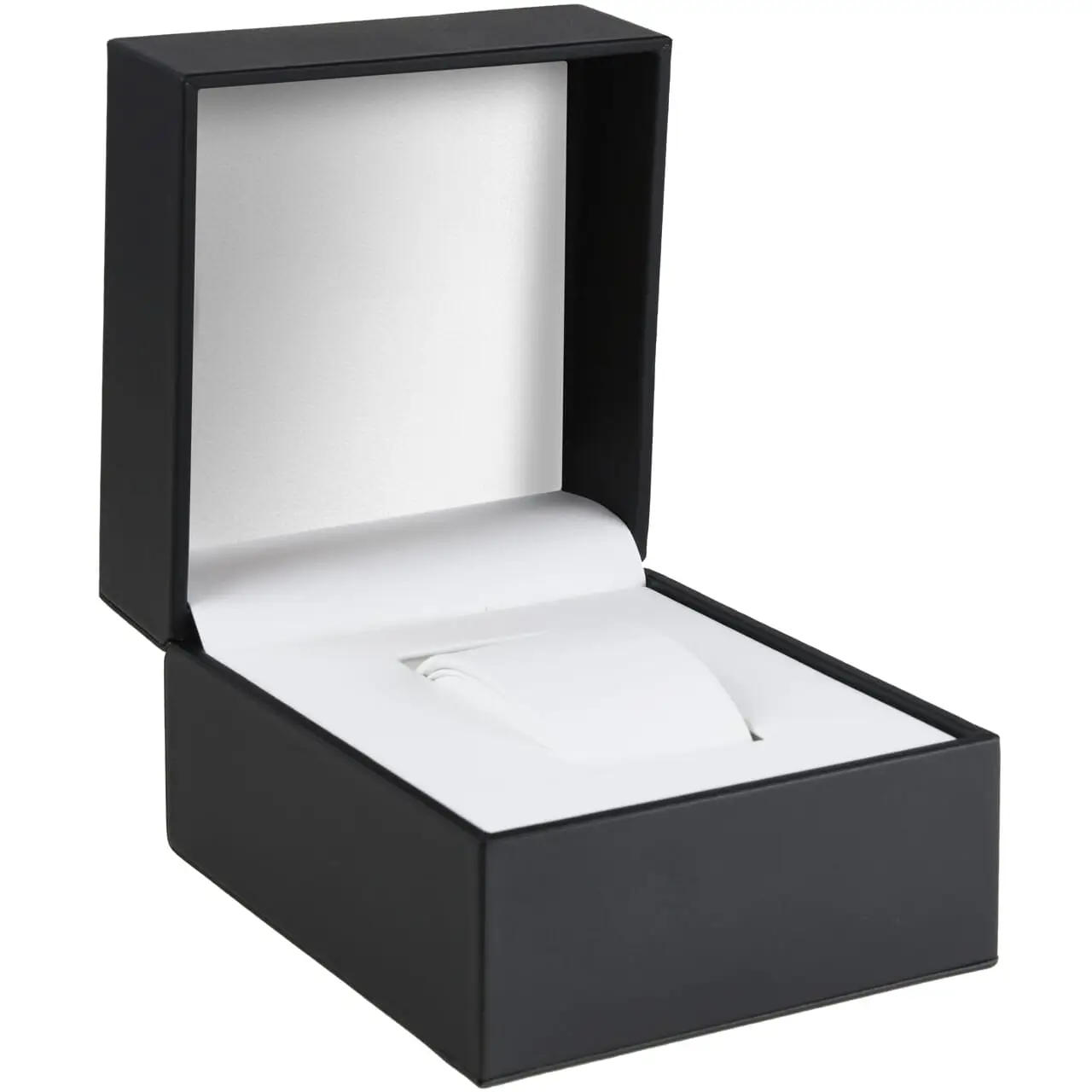 Luxury black leather watch box with embossed logo, premium velvet interior padding, and custom storage compartments