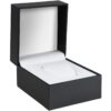 Luxury black leather watch box with embossed logo, premium velvet interior padding, and custom storage compartments