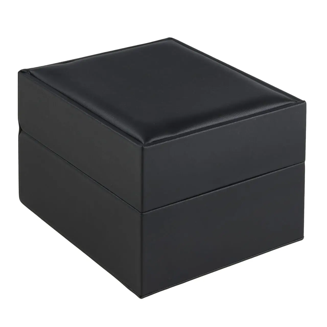 Luxury black leather watch box with embossed logo, premium velvet interior padding, and custom storage compartments
