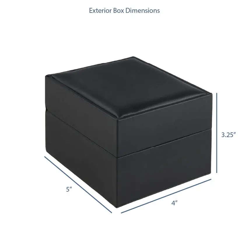 Luxury black leather watch box with embossed logo, premium velvet interior padding, and custom storage compartments