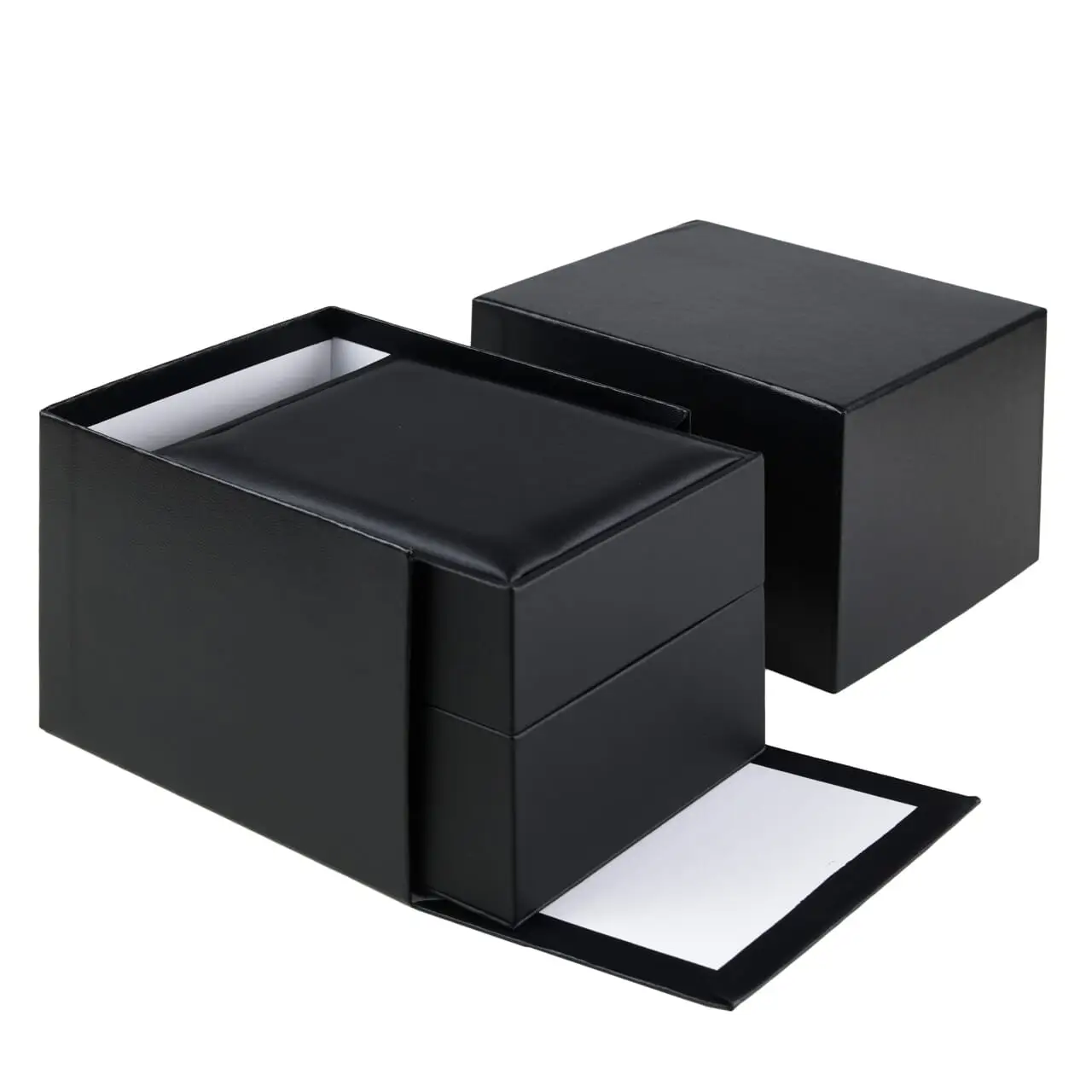 Luxury black leather watch box with embossed logo, premium velvet interior padding, and custom storage compartments
