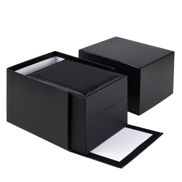 Luxury black leather watch box with embossed logo, premium velvet interior padding, and custom storage compartments