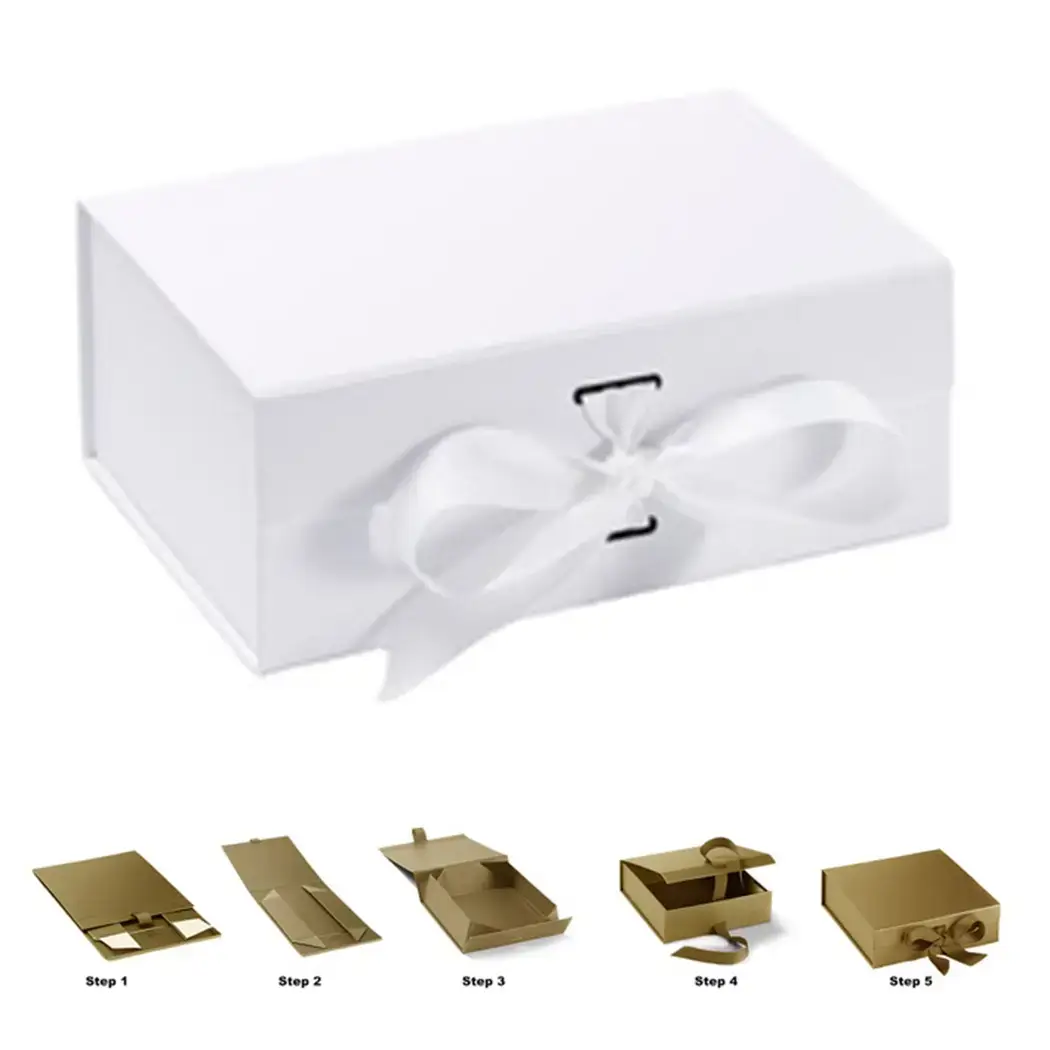 Premium rigid cardboard magnetic gift box with ribbon closure for custom jewelry packaging