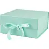Custom magnetic closure rigid gift box with satin ribbon lift in matte black and gold foil stamped logo for jewelry brand packaging