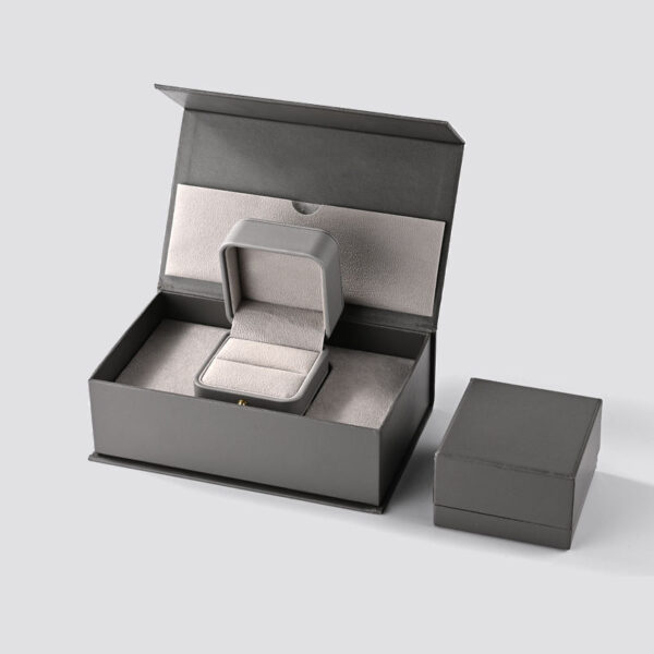 Premium Gray Magnetic Jewelry Gift Boxes – Ring & Earring Set Premium gray magnetic jewelry gift box set with integrated ring and earring display compartments