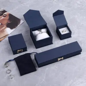 Custom magnetic closure jewelry box in premium paper with velvet insert and branded printed lid