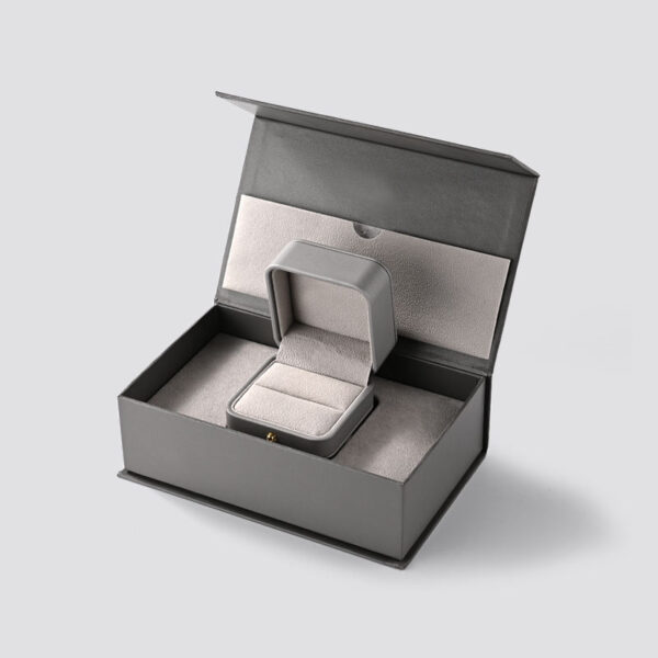 Premium Gray Magnetic Jewelry Gift Boxes – Ring & Earring Set Premium gray magnetic jewelry gift box set with integrated ring and earring display compartments