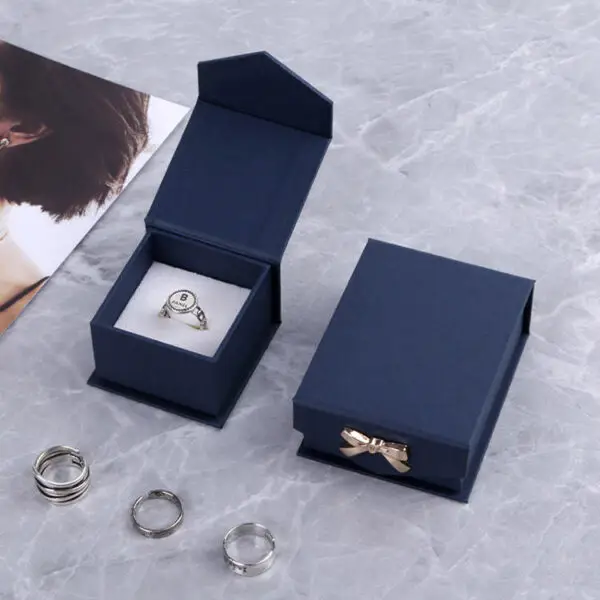 Custom magnetic closure jewelry box in premium paper with velvet insert and branded printed lid